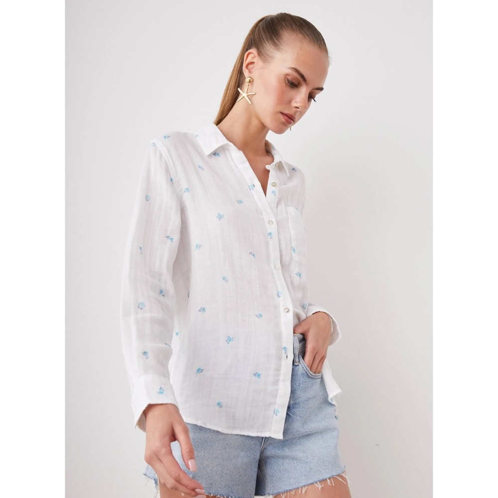 Rails White "Ellis" Cotton Button Down Shirt with Blue Buds Rose Print